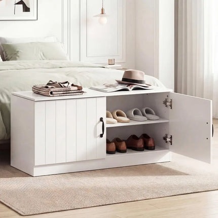 2-Door Shoe Bench Shoe Storage Cabinet with Adjustable Shelves-White - White - Shoe Racks & Storage Benches