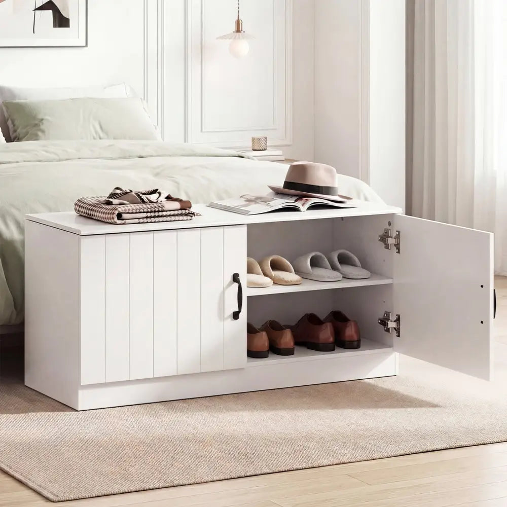 2-Door Shoe Bench Shoe Storage Cabinet with Adjustable Shelves-White - White - Shoe Racks & Storage Benches