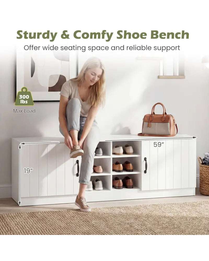 2-Door Shoe Bench Storage Cabinet with Adjustable Shelves-White - White - Shoe Racks & Storage Benches