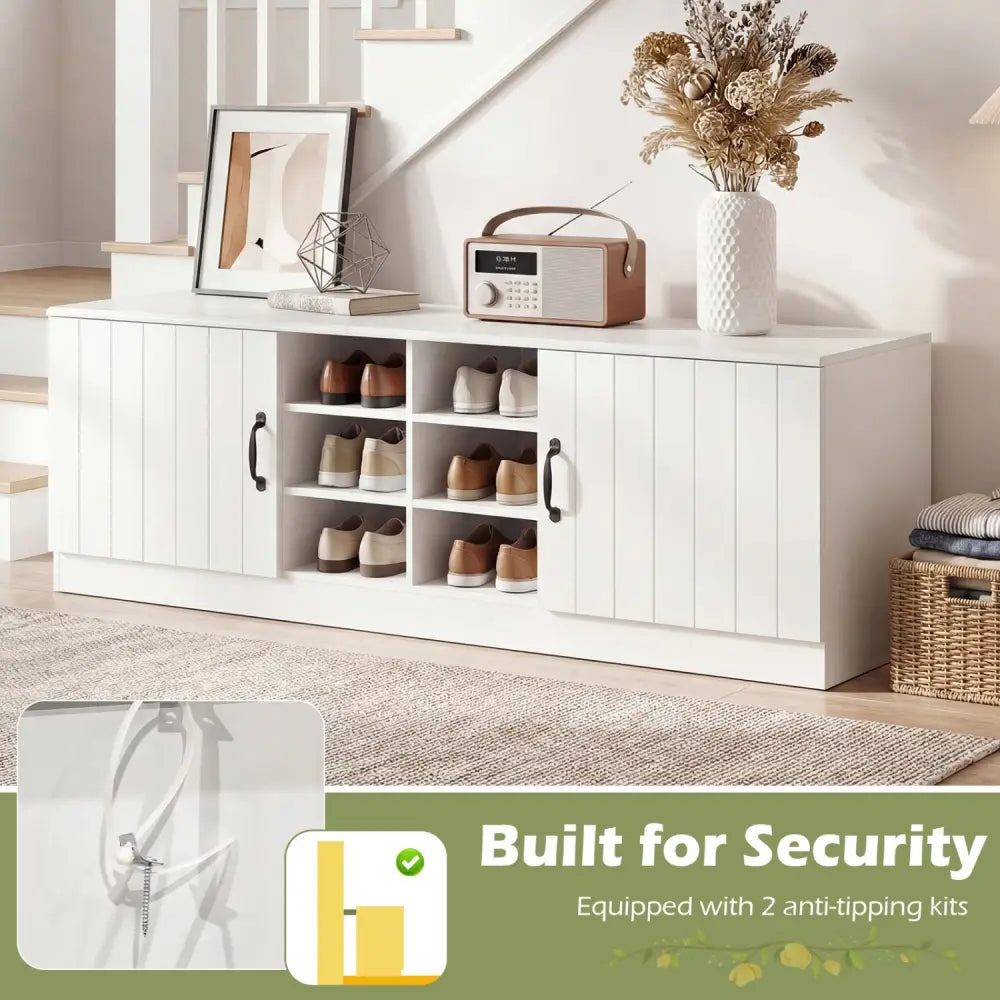 2-Door Shoe Bench Storage Cabinet with Adjustable Shelves-White - White - Shoe Racks & Storage Benches