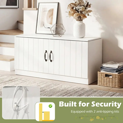 2-Door Shoe Bench Shoe Storage Cabinet with Adjustable Shelves-White - White - Shoe Racks & Storage Benches