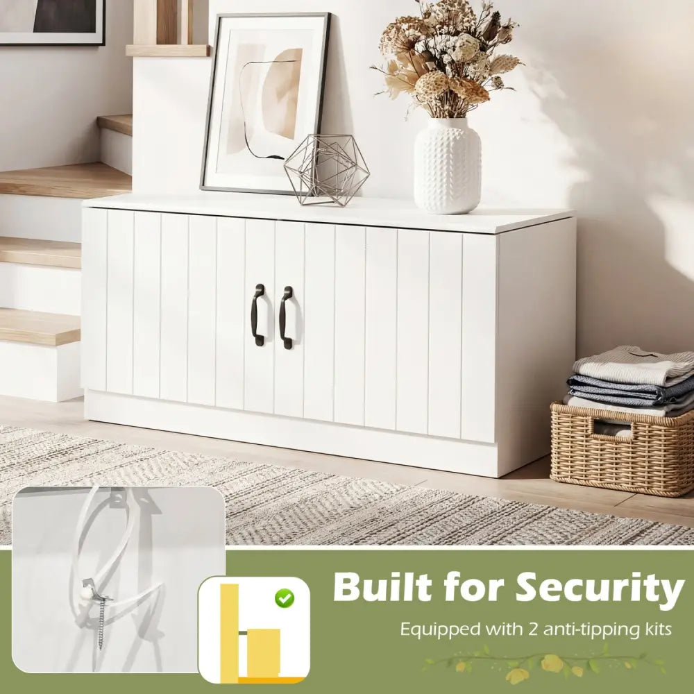 2-Door Shoe Bench Shoe Storage Cabinet with Adjustable Shelves-White - White - Shoe Racks & Storage Benches