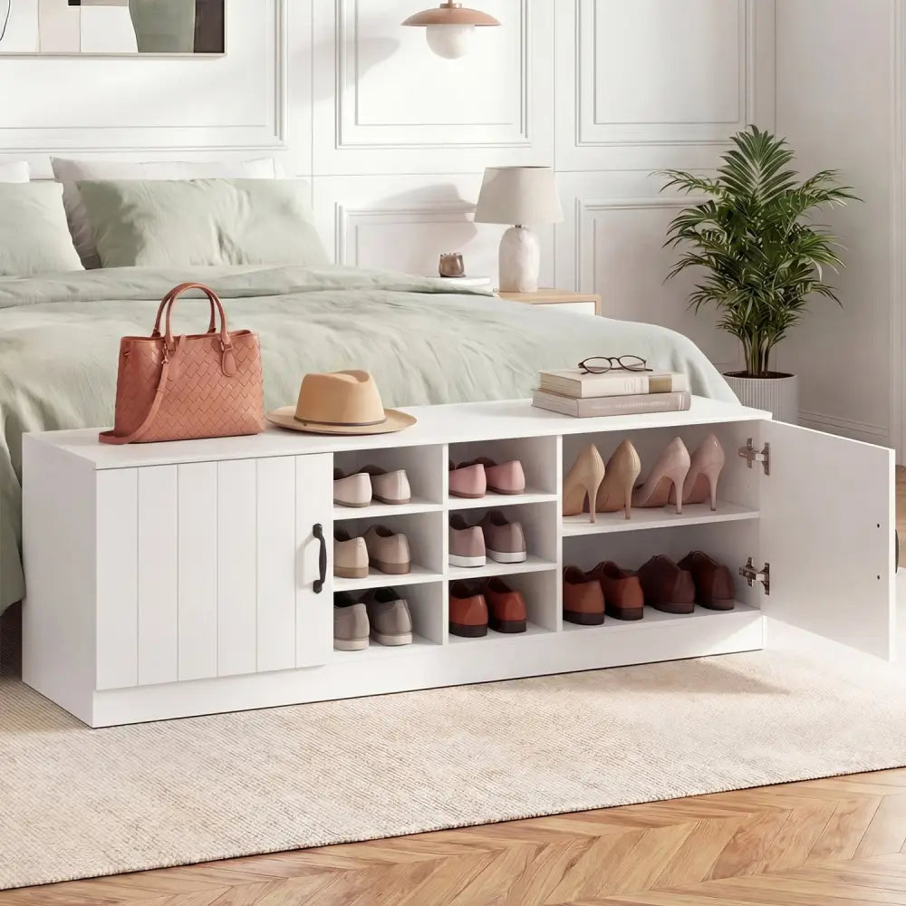 2-Door Shoe Bench Storage Cabinet with Adjustable Shelves-White - White - Shoe Racks & Storage Benches