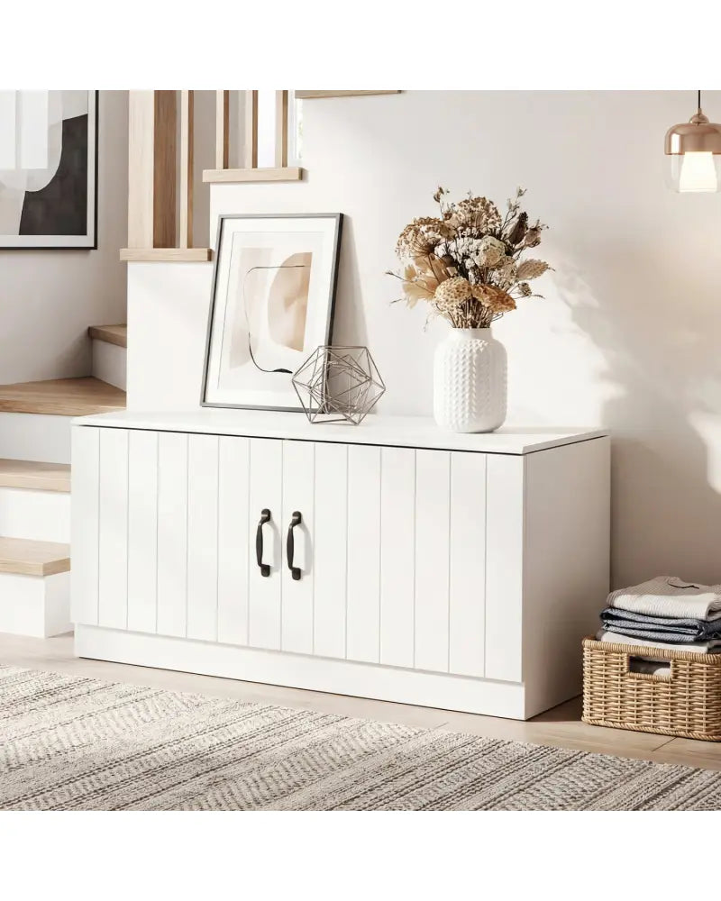 2-Door Shoe Bench Shoe Storage Cabinet with Adjustable Shelves-White - White - Shoe Racks & Storage Benches