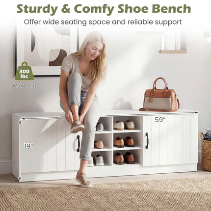 2-Door Shoe Bench Storage Cabinet with Adjustable Shelves-White - White - Shoe Racks & Storage Benches