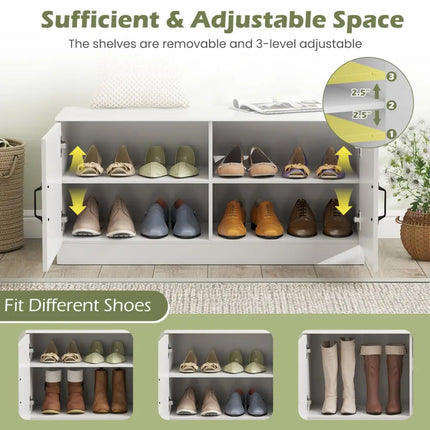 2-Door Shoe Bench Shoe Storage Cabinet with Adjustable Shelves-White - White - Shoe Racks & Storage Benches