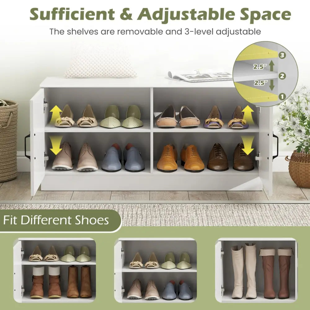 2-Door Shoe Bench Shoe Storage Cabinet with Adjustable Shelves-White - White - Shoe Racks & Storage Benches