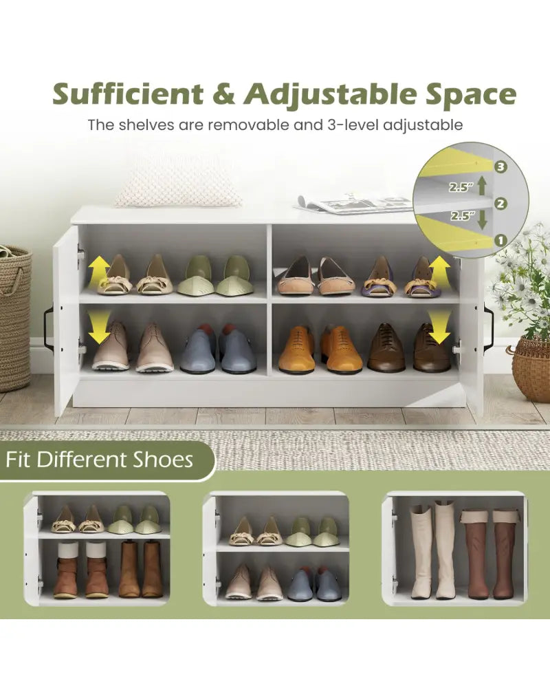 2-Door Shoe Bench Shoe Storage Cabinet with Adjustable Shelves-White - White - Shoe Racks & Storage Benches