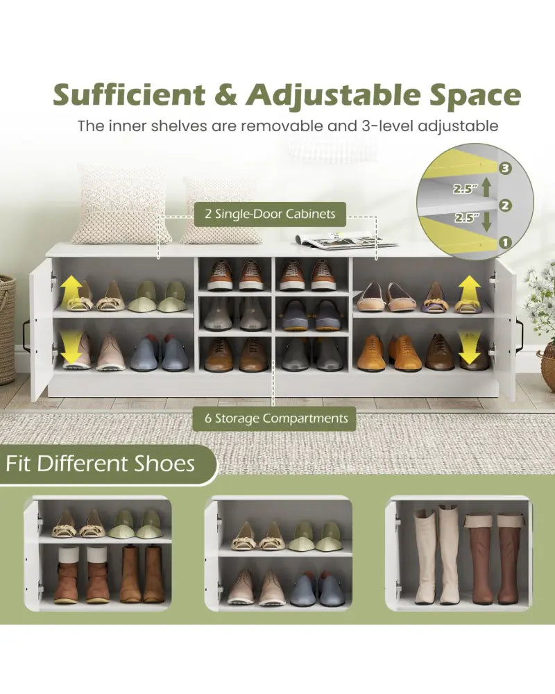 2-Door Shoe Bench Storage Cabinet with Adjustable Shelves-White - White - Shoe Racks & Storage Benches