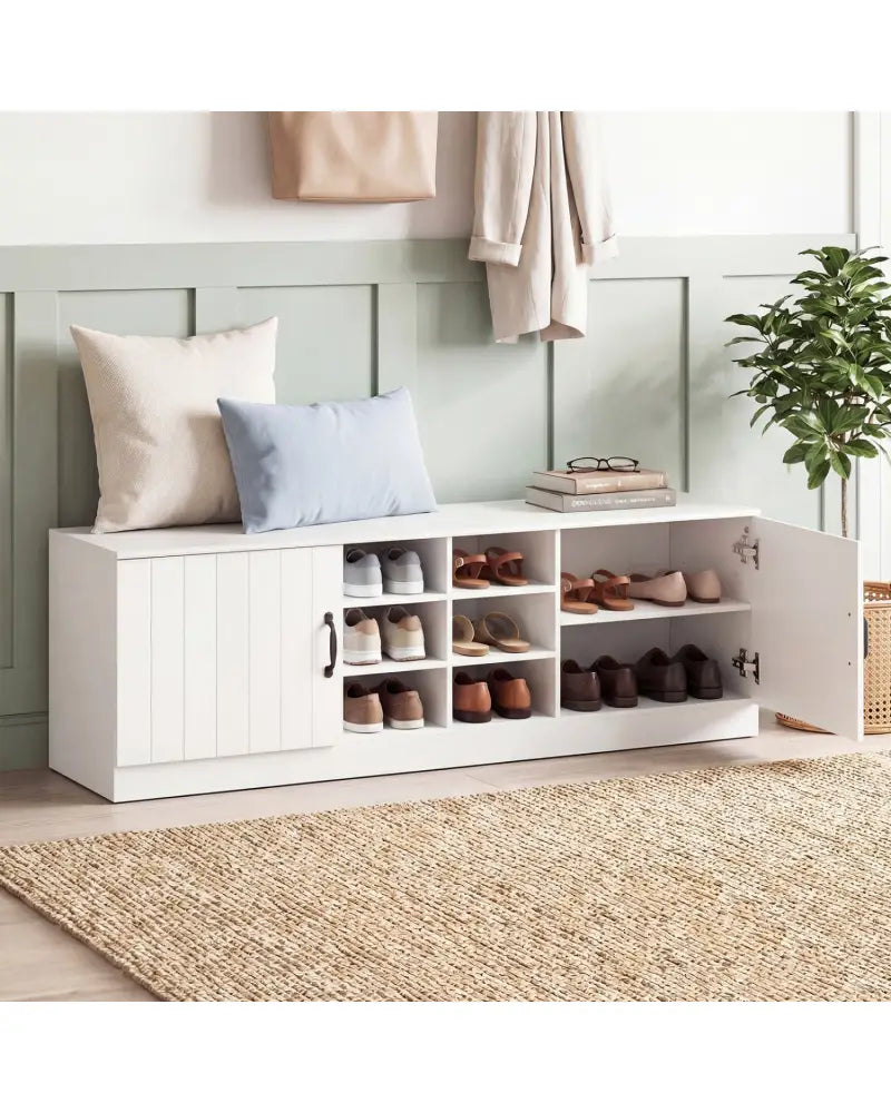 2-Door Shoe Bench Storage Cabinet with Adjustable Shelves-White - White - Shoe Racks & Storage Benches