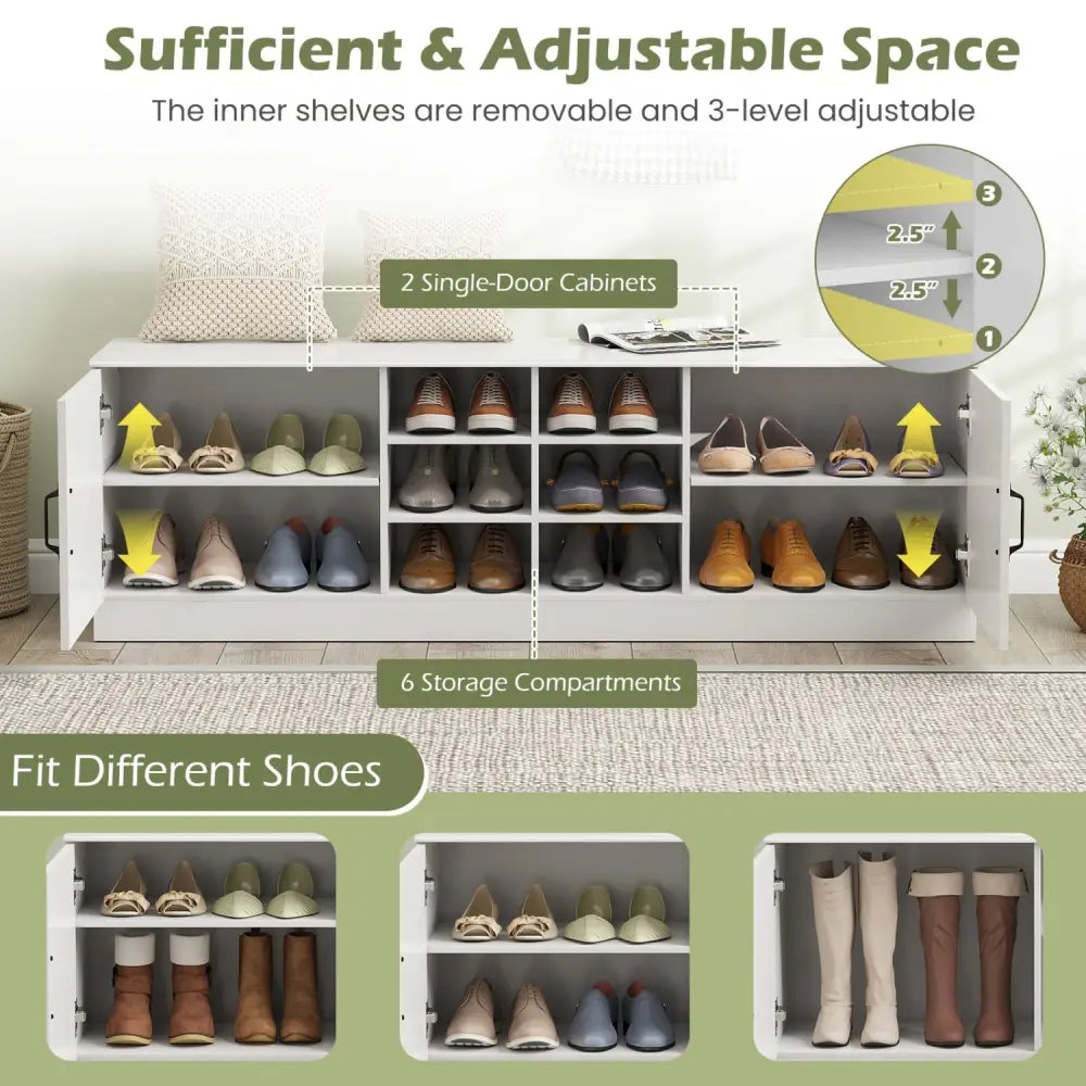 2-Door Shoe Bench Storage Cabinet with Adjustable Shelves-White - White - Shoe Racks & Storage Benches
