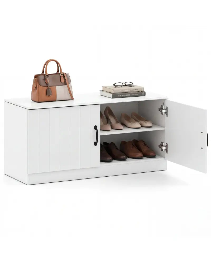 2-Door Shoe Bench Shoe Storage Cabinet with Adjustable Shelves-White - White - Shoe Racks & Storage Benches