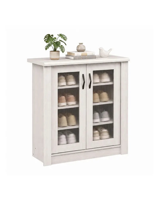 2-Door Shoe Cabinet with Removable Shelves Wooden Shoe Storage Organizer-White - White - Shoe Racks & Storage Benches