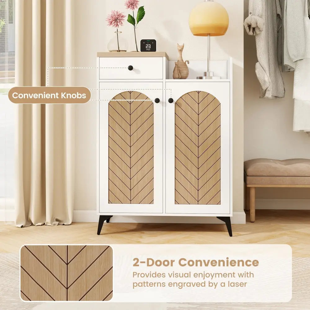 2-Door Shoe Rack Organizer with Drawer and 6 Removable Shelves-White - White - Shoe Racks & Storage Benches