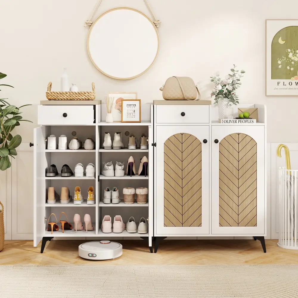 2-Door Shoe Rack Organizer with Drawer and 6 Removable Shelves-White - White - Shoe Racks & Storage Benches
