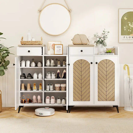 2-Door Shoe Rack Organizer with Drawer and 6 Removable Shelves-White - White - Shoe Racks & Storage Benches
