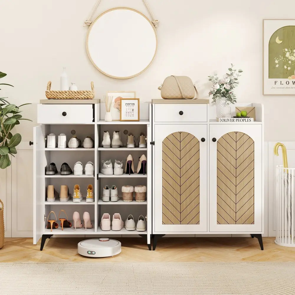 2-Door Shoe Rack Organizer with Drawer and 6 Removable Shelves-White - White - Shoe Racks & Storage Benches