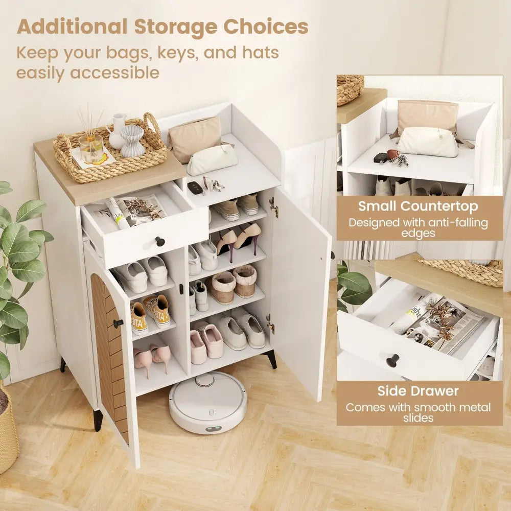 2-Door Shoe Rack Organizer with Drawer and 6 Removable Shelves-White - White - Shoe Racks & Storage Benches