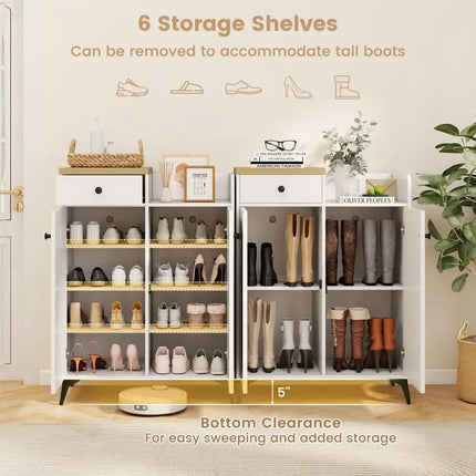 2-Door Shoe Rack Organizer with Drawer and 6 Removable Shelves-White - White - Shoe Racks & Storage Benches
