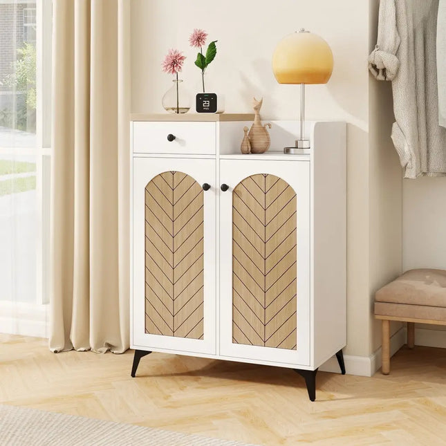 2-Door Shoe Rack Organizer with Drawer and 6 Removable Shelves-White - White - Shoe Racks & Storage Benches