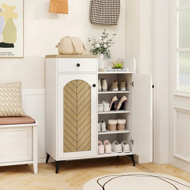 2-Door Shoe Rack Organizer with Drawer and 6 Removable Shelves-White - White - Shoe Racks & Storage Benches