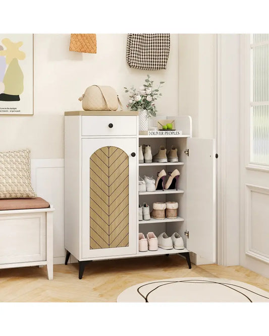 2-Door Shoe Rack Organizer with Drawer and 6 Removable Shelves-White - White - Shoe Racks & Storage Benches