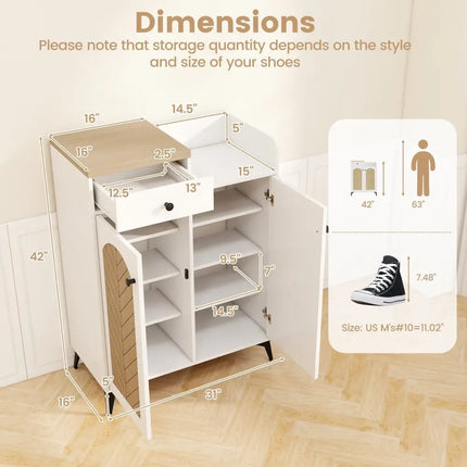 2-Door Shoe Rack Organizer with Drawer and 6 Removable Shelves-White - White - Shoe Racks & Storage Benches