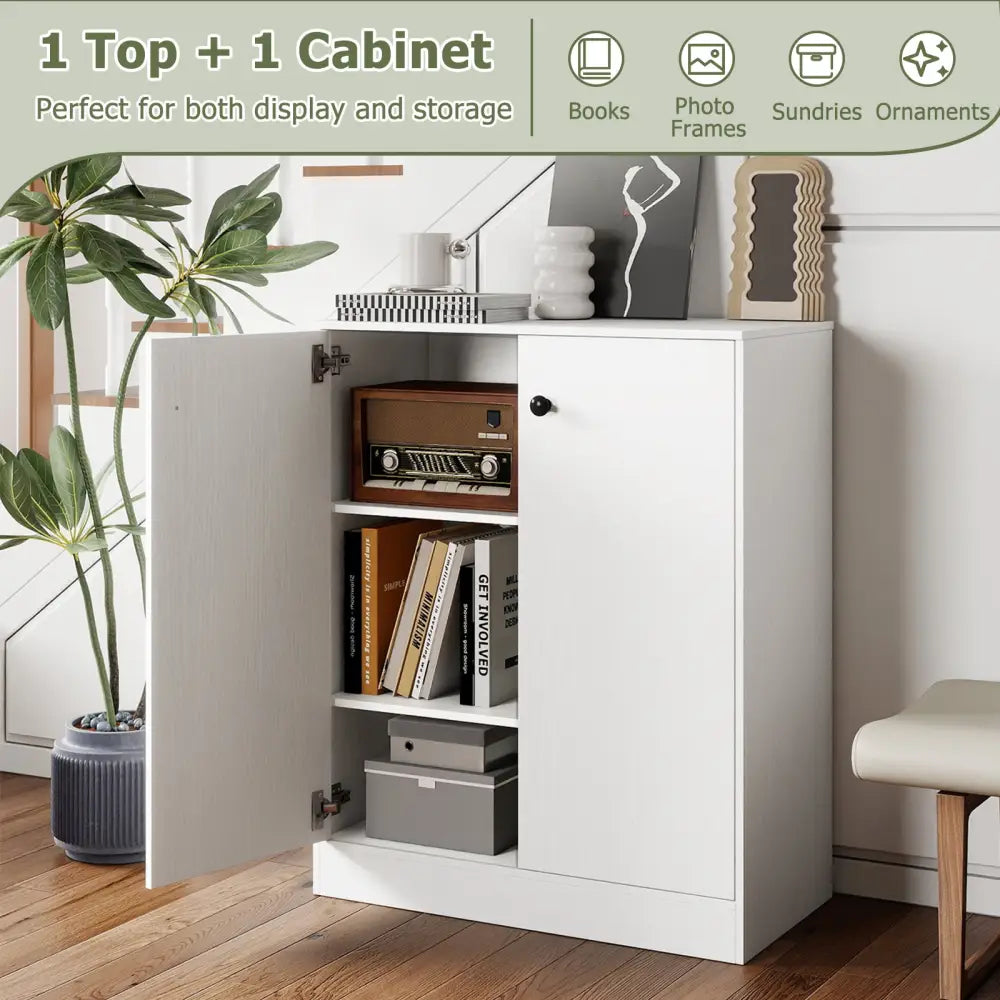 2 Door Storage Base Cabinet with 3-Tier Shelf-White - White - Cabinets & Chests