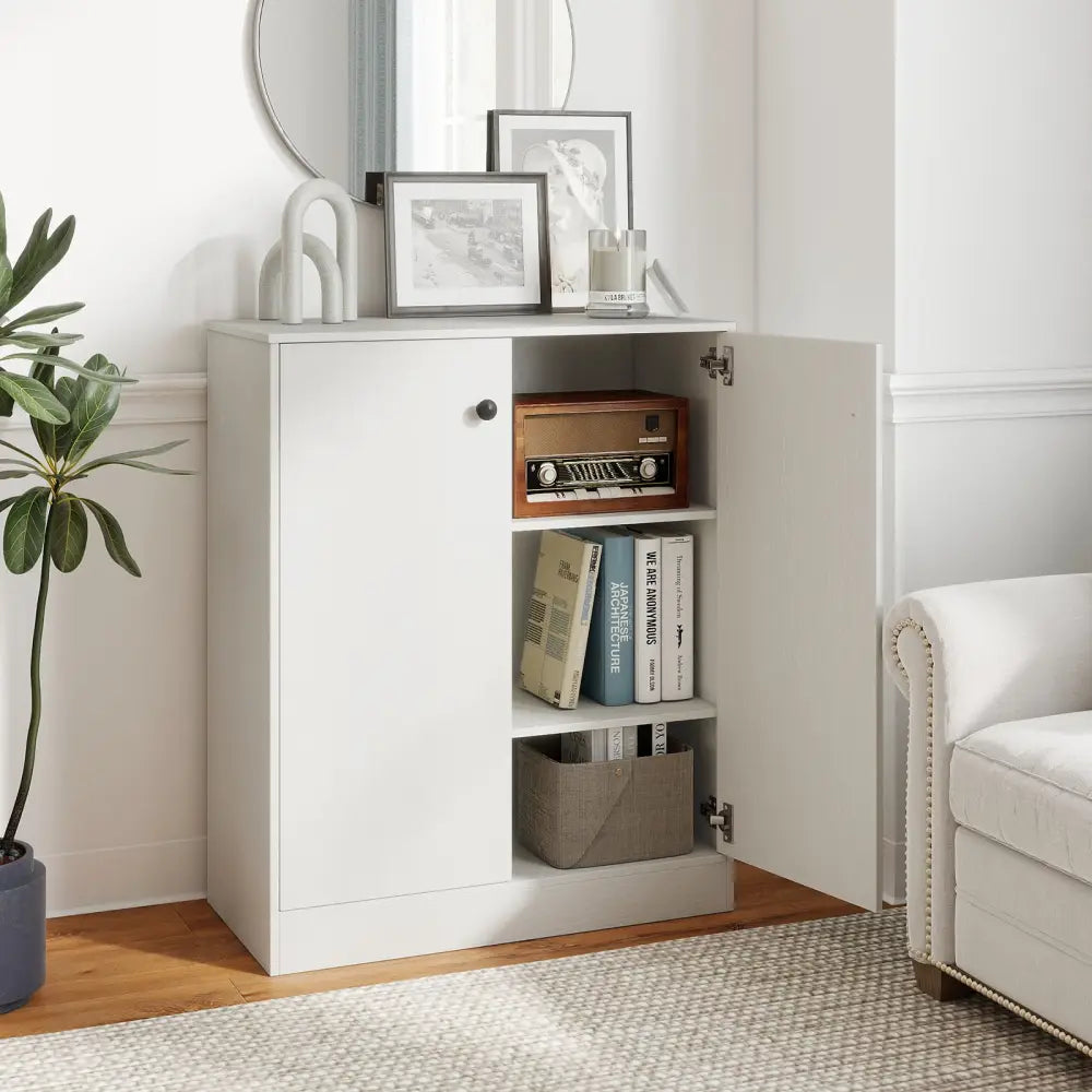 2 Door Storage Base Cabinet with 3-Tier Shelf-White - White - Cabinets & Chests