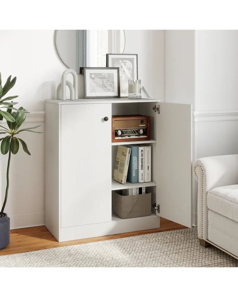 2 Door Storage Base Cabinet with 3-Tier Shelf-White - White - Cabinets & Chests