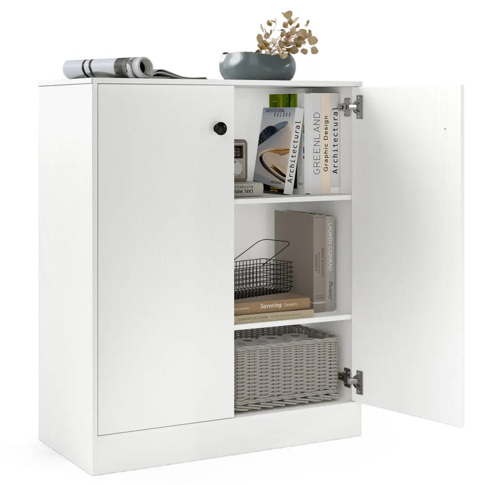 2 Door Storage Base Cabinet with 3-Tier Shelf-White - White - Cabinets & Chests