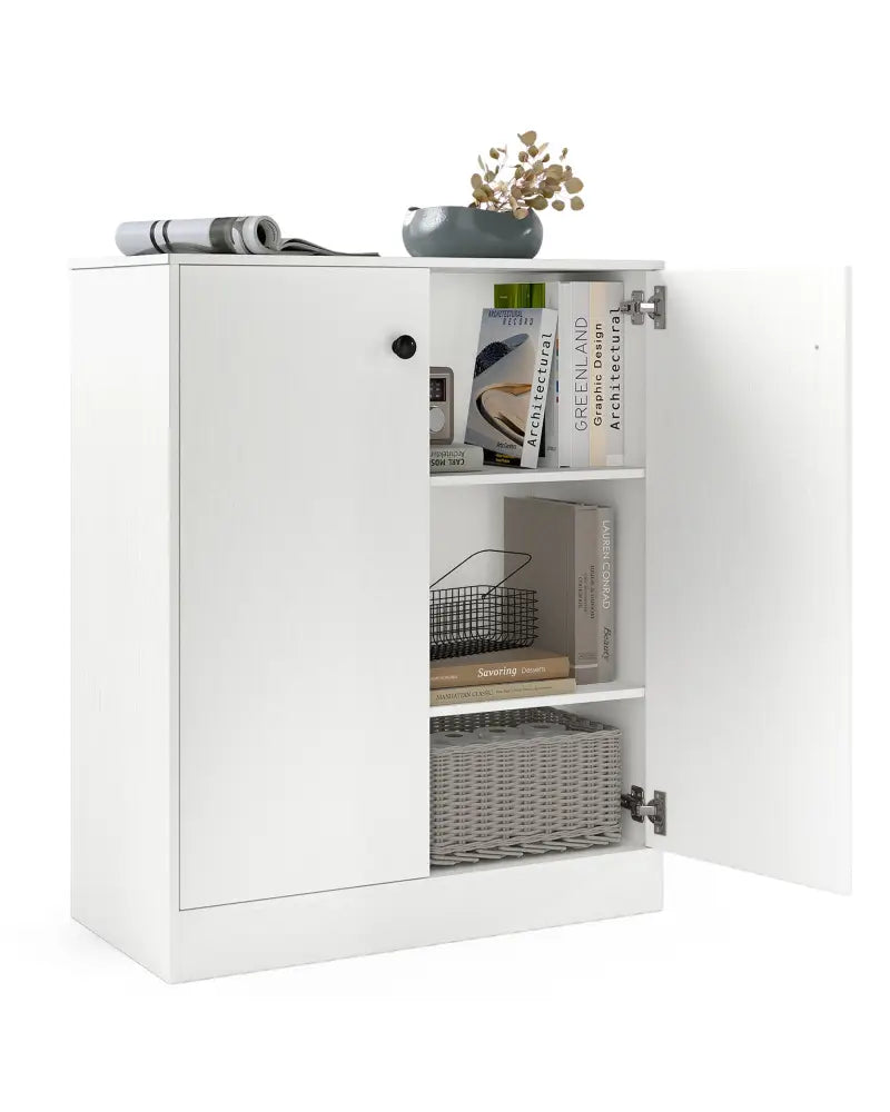 2 Door Storage Base Cabinet with 3-Tier Shelf-White - White - Cabinets & Chests