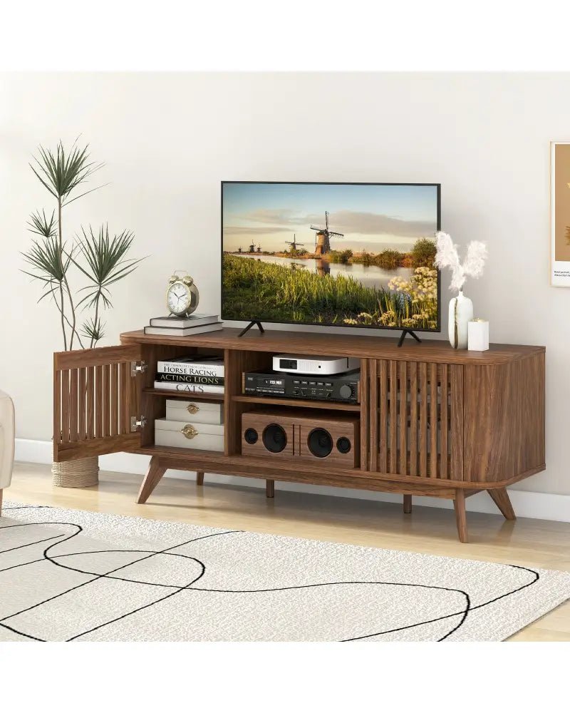2-Door TV Stand for TVs up to 60 Inches with Adjustable Shelves-Walnut - Walnut - Entertainment Centers & TV Stands