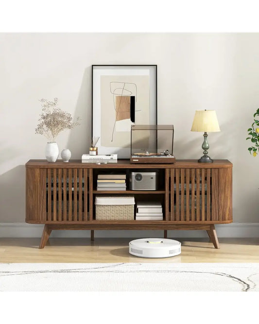 2-Door TV Stand for TVs up to 60 Inches with Adjustable Shelves-Walnut - Walnut - Entertainment Centers & TV Stands