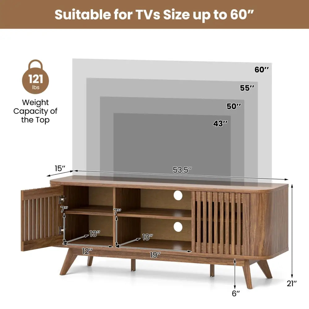2-Door TV Stand for TVs up to 60 Inches with Adjustable Shelves-Walnut Costway