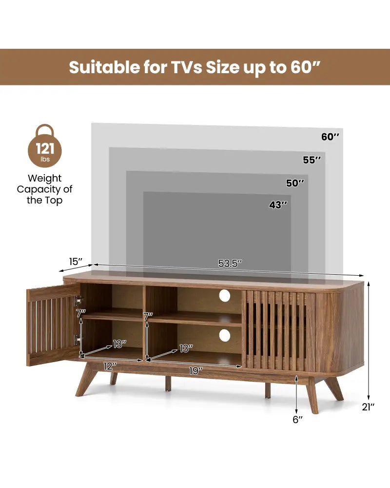 2-Door TV Stand for TVs up to 60 Inches with Adjustable Shelves-Walnut - Walnut - Entertainment Centers & TV Stands