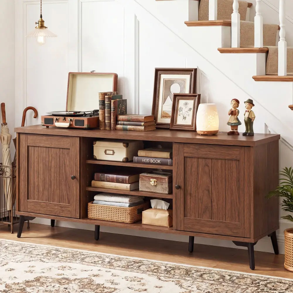 2-Door TV Stand for TVs up to 65 Inch Mid Century Modern Entertainment Center-Brown - Brown - Entertainment Centers &