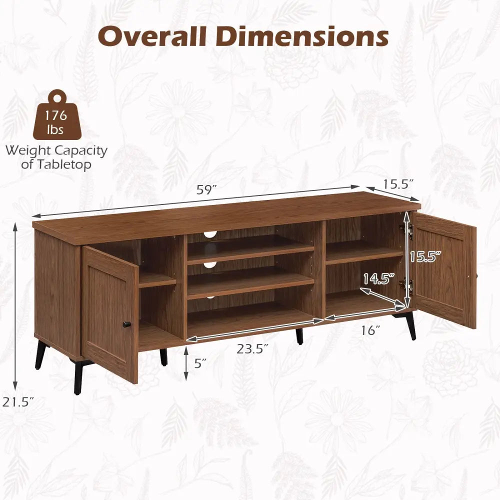 2-Door TV Stand for TVs up to 65 Inch Mid Century Modern Entertainment Center-Brown - Brown - Entertainment Centers &