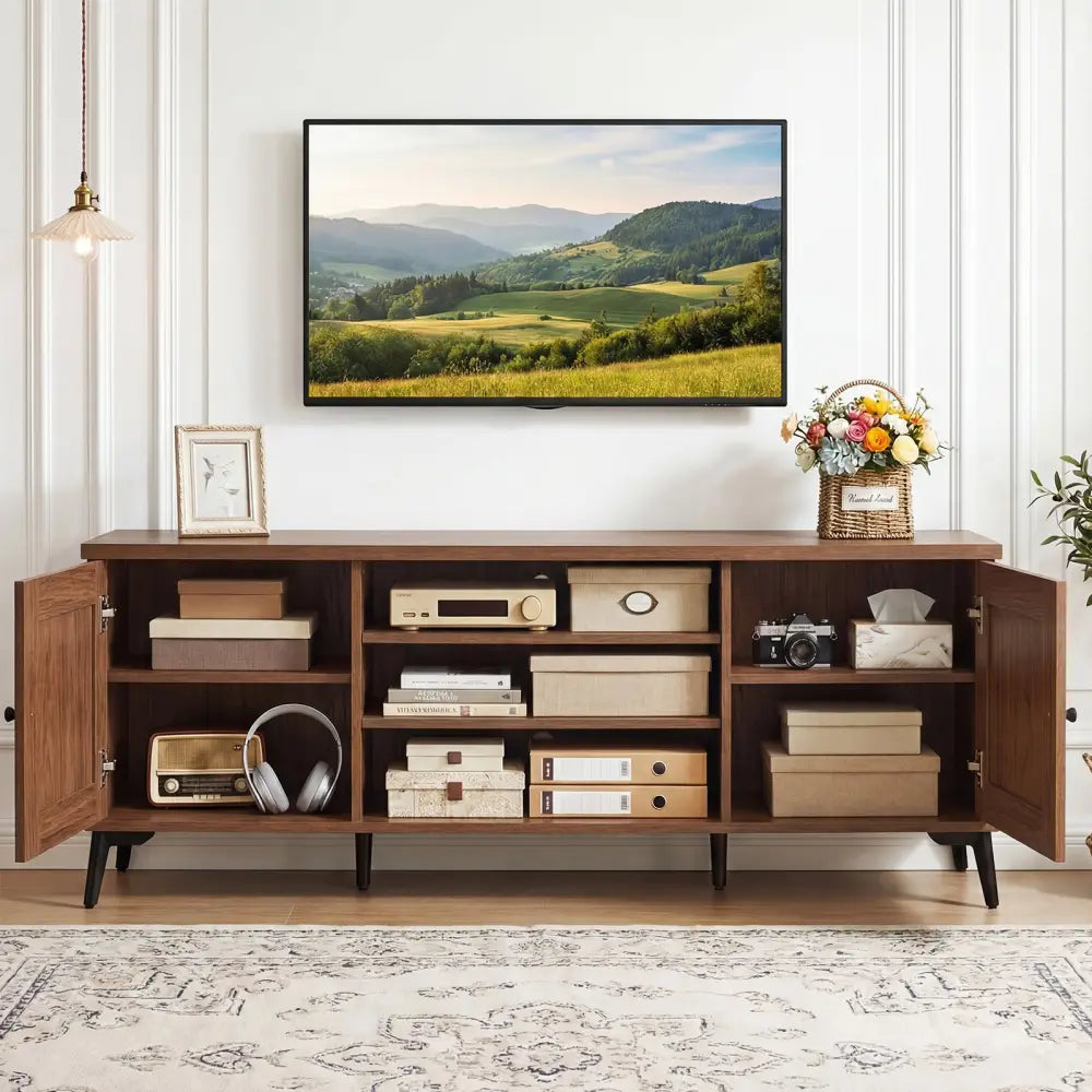 2-Door TV Stand for TVs up to 65 Inch Mid Century Modern Entertainment Center-Brown - Brown - Entertainment Centers &