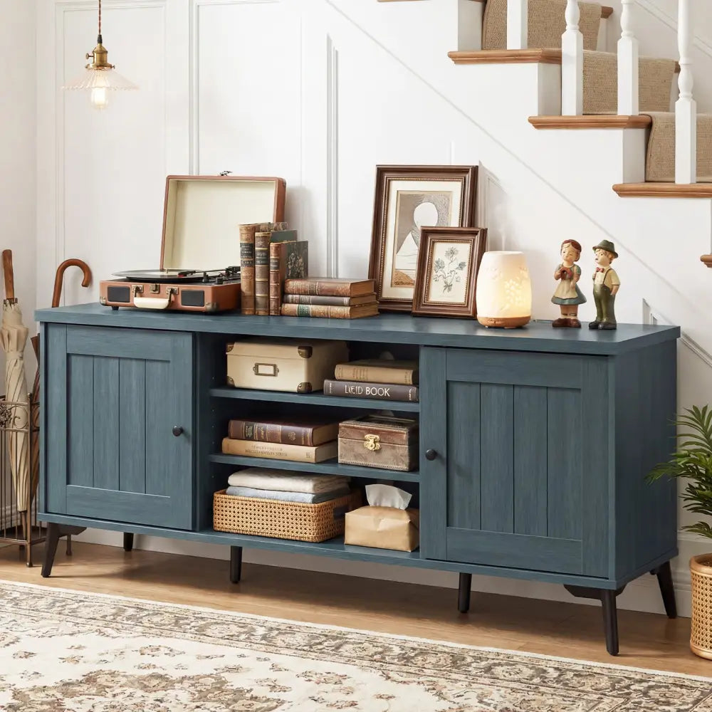 2-Door TV Stand for TVs up to 65 Inch Mid Century Modern Entertainment Center-Turquoise - Turquoise - Entertainment