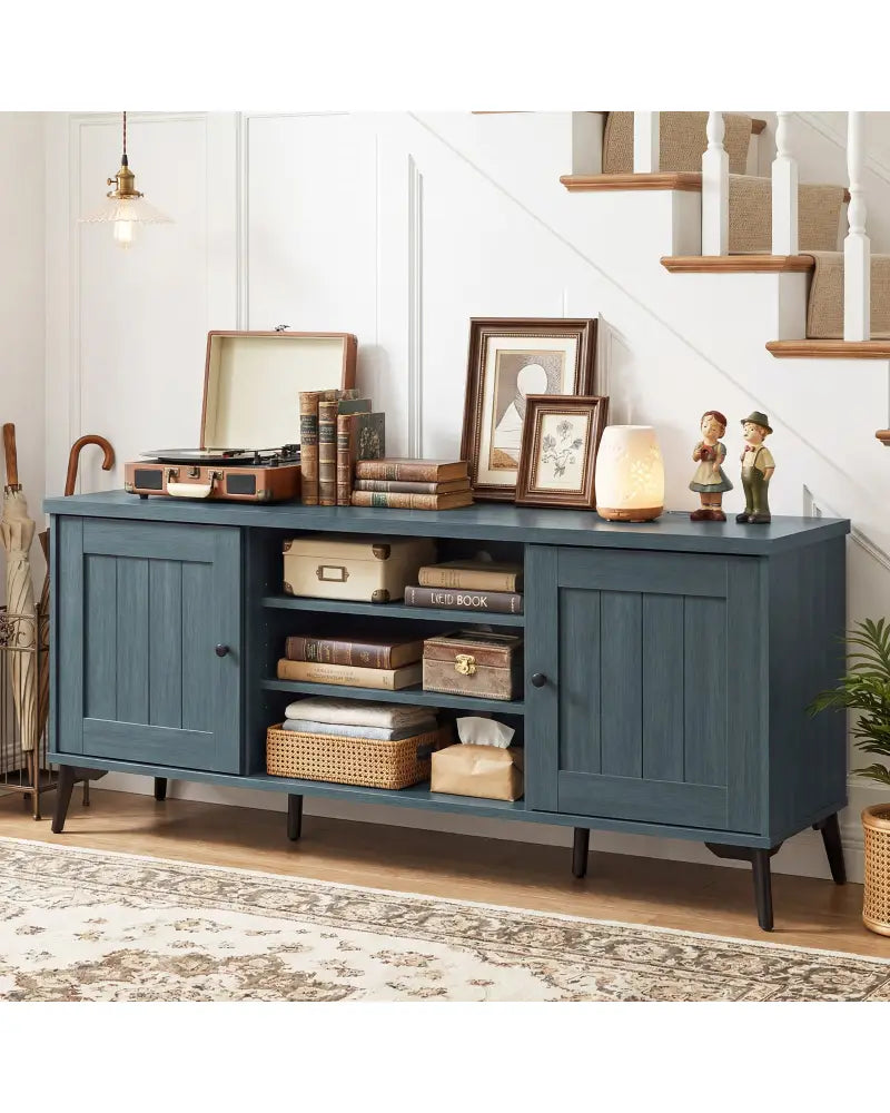 2-Door TV Stand for TVs up to 65 Inch Mid Century Modern Entertainment Center-Turquoise - Turquoise - Entertainment