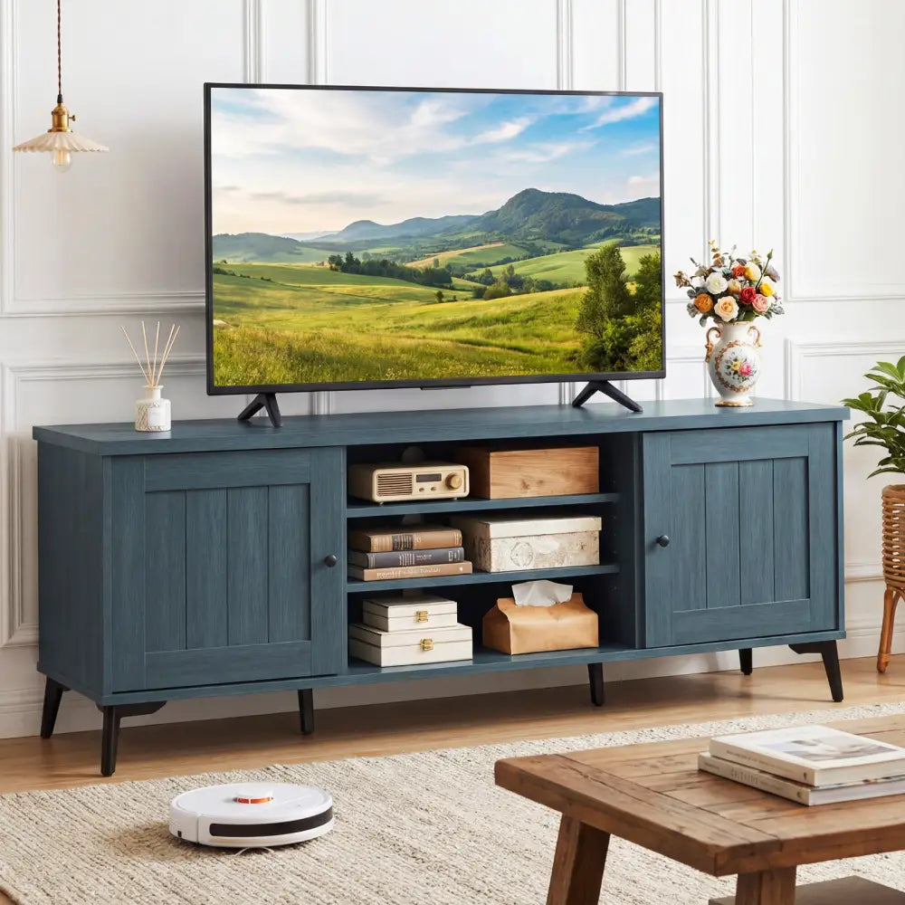 2-Door TV Stand for TVs up to 65 Inch Mid Century Modern Entertainment Center-Turquoise - Turquoise - Entertainment