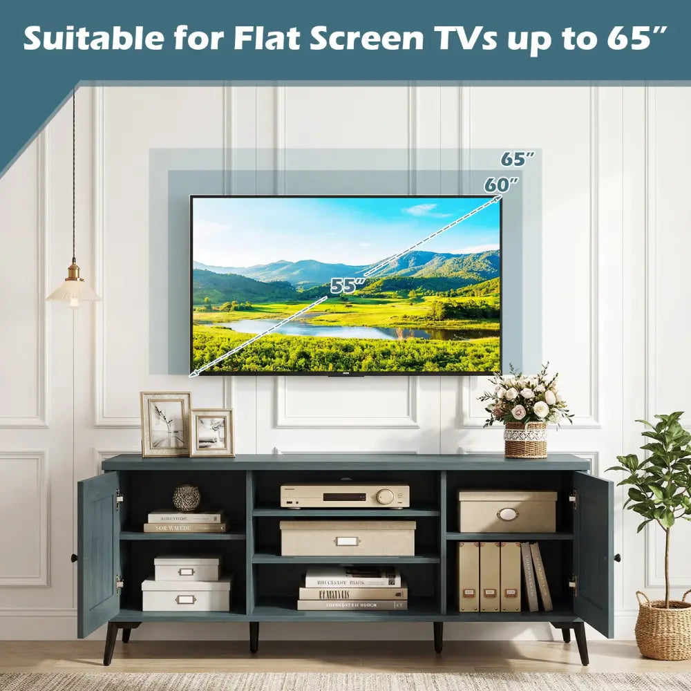 2-Door TV Stand for TVs up to 65 Inch Mid Century Modern Entertainment Center-Turquoise - Turquoise - Entertainment
