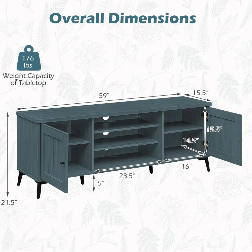 2-Door TV Stand for TVs up to 65 Inch Mid Century Modern Entertainment Center-Turquoise - Turquoise - Entertainment