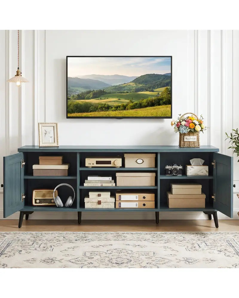 2-Door TV Stand for TVs up to 65 Inch Mid Century Modern Entertainment Center-Turquoise - Turquoise - Entertainment