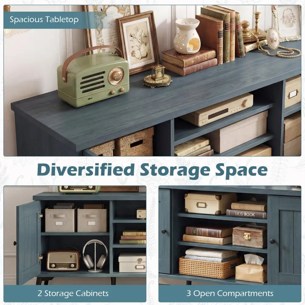 2-Door TV Stand for TVs up to 65 Inch Mid Century Modern Entertainment Center-Turquoise - Turquoise - Entertainment