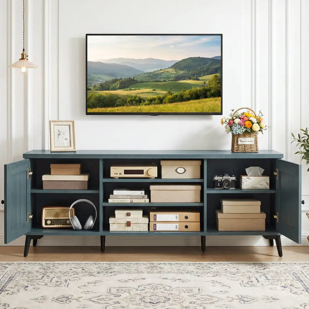 2-Door TV Stand for TVs up to 65 Inch Mid Century Modern Entertainment Center-Turquoise - Turquoise - Entertainment