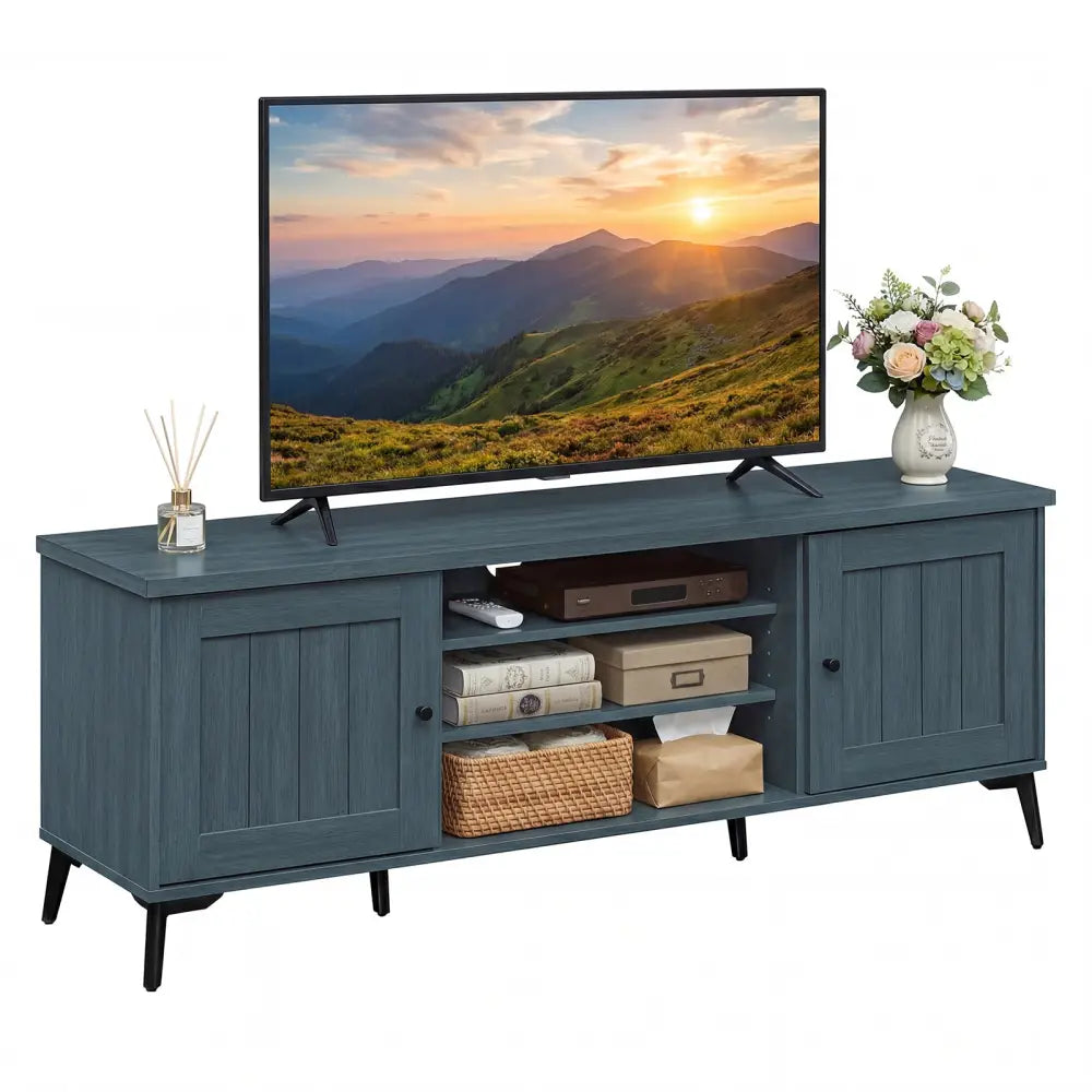 2-Door TV Stand for TVs up to 65 Inch Mid Century Modern Entertainment Center-Turquoise - Turquoise - Entertainment