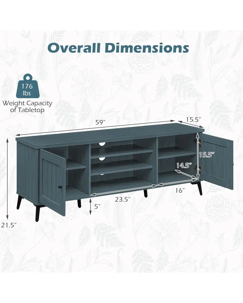 2-Door TV Stand for TVs up to 65 Inch Mid Century Modern Entertainment Center-Turquoise - Turquoise - Entertainment