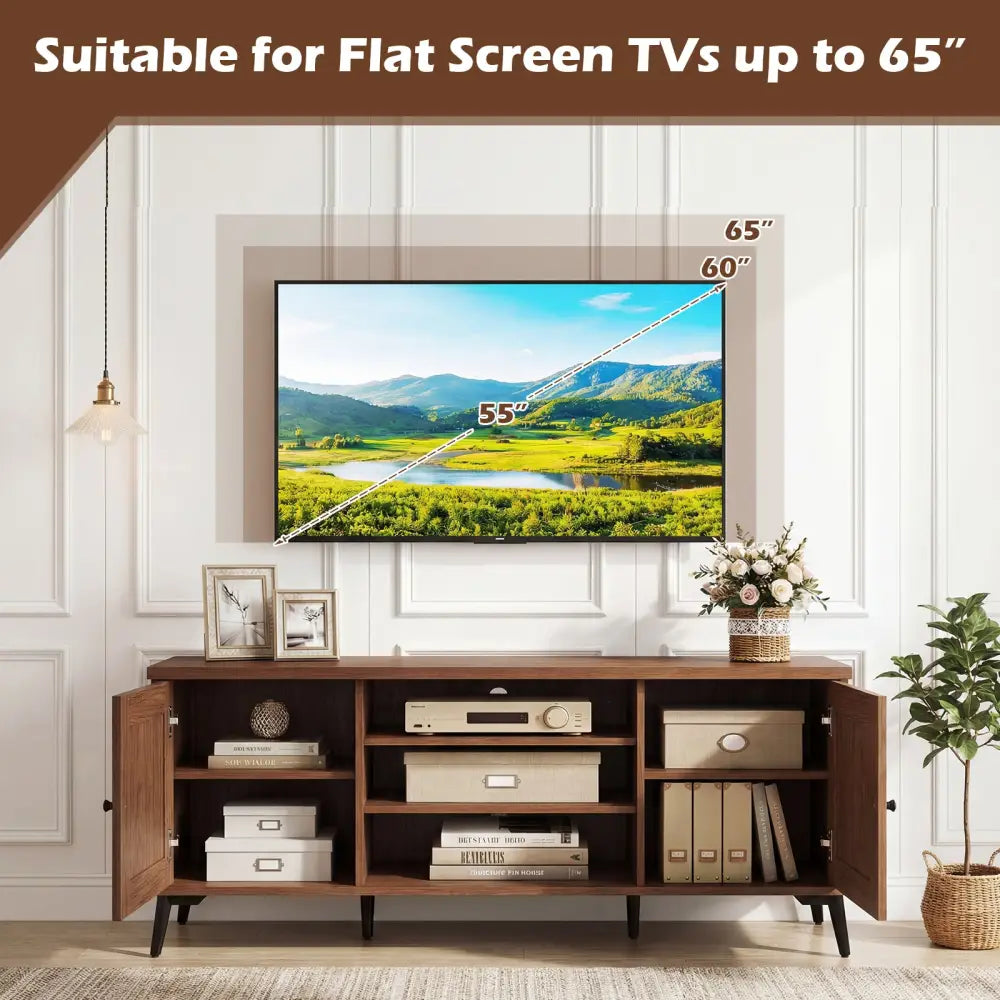 2-Door TV Stand for TVs up to 65 Inch Mid Century Modern Entertainment Center-Brown - Brown - Entertainment Centers &